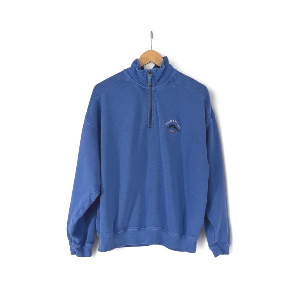 Tommy Bahama Relax Mens Large Blue Ribbed Cotton Quarter Zip Pullover Sweatshirt